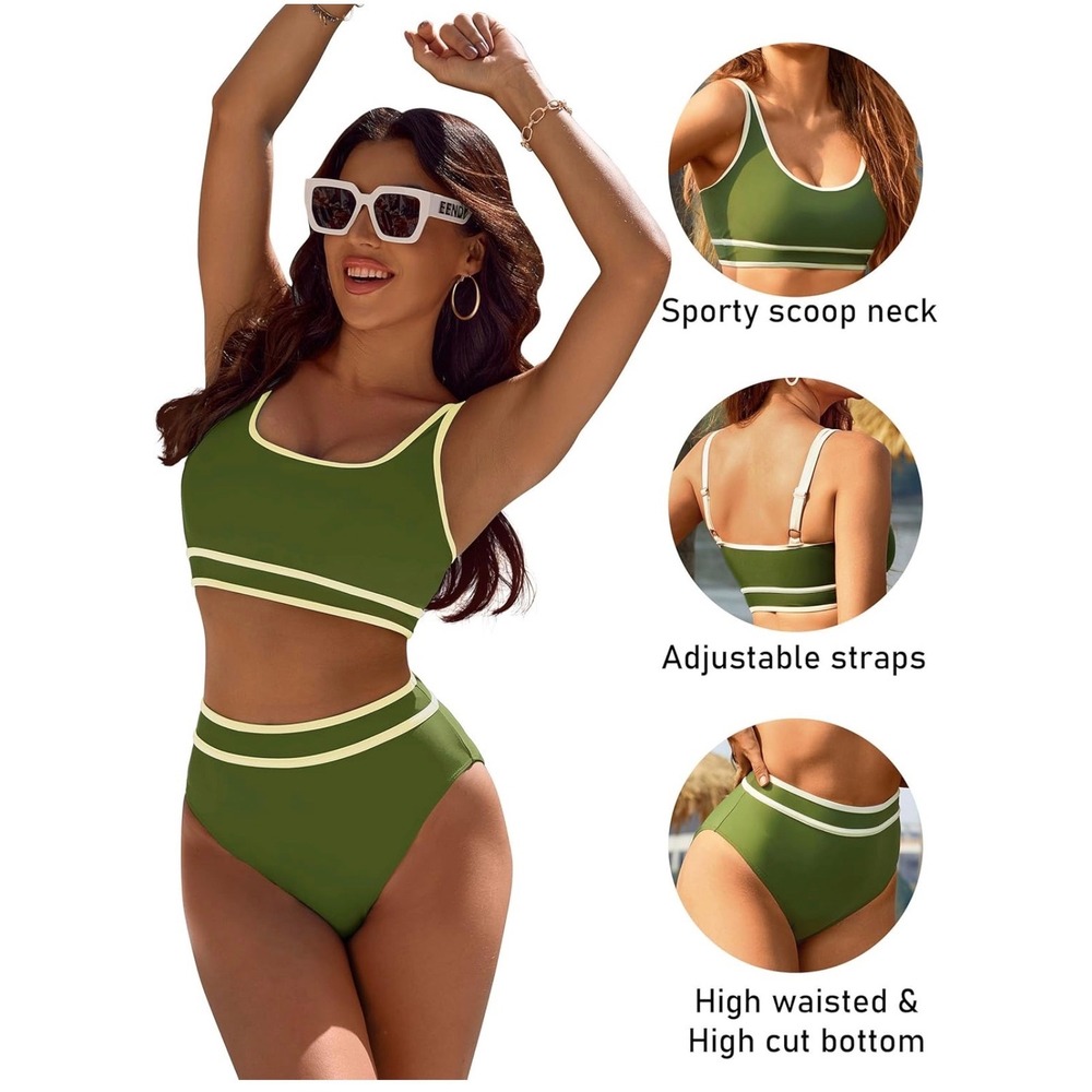 BMJL Womens Olive Green Sporty‎ Scoop Neck High Waisted Two Piece Bikini Set M